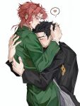  2boys arm_around_another's_back black_hair black_jacket chain cherry_earrings closed_eyes closed_mouth commentary ear_piercing earrings face_on_another's_chest food-themed_earrings from_side gakuran green_jacket guanxun102 hand_in_another's_hair hand_on_another's_head heart highres jacket jewelry jojo_no_kimyou_na_bouken kakyoin_noriaki kujo_jotaro long_sleeves male_focus missing_headwear multiple_boys piercing purple_eyes red_hair school_uniform short_hair simple_background speech_bubble stardust_crusaders untranslatable_commentary white_background yaoi 