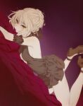  1girl absurdres artoria_pendragon_(fate) backless_dress backless_outfit bare_shoulders black_dress blonde_hair blush braid braided_base breasts bun_with_braided_base cleavage_cutout clothing_cutout commentary_request corruption dark_persona diamond_cutout dress elbow_gloves fate/grand_order fate_(series) feet_up gloves gothic_lolita hair_bun hair_ribbon head_rest highres legs legs_up lolita_fashion looking_at_viewer lying medium_breasts on_bed on_stomach pillow ribbon saber_alter saber_alter_(swimsuit_rider)_(first_ascension) seeledayo short_hair simple_background solo the_pose yellow_eyes 