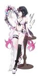  1girl absurdres alternate_costume arm_strap bare_arms bikini black_hair black_nails black_survival black_thighhighs bracelet breasts broken_glass cleavage commentary_request coraline_(black_survival) eternal_return:_black_survival eyes_visible_through_hair eyewear_on_head flower full_body glass gradient_hair hair_intakes hand_on_own_hip highres jewelry korean_commentary large_breasts leaning_on_table low_twintails midriff mirror multicolored_hair nail_polish navel ohing pearl_bracelet pink_eyes reflection see-through_clothes see-through_skirt shoes single_thighhigh skirt smile solo split-color_hair swimsuit table thigh_strap thighhighs twintails white_background white_bikini white_flower white_hair white_shoes wooden_table 