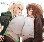 2girls absurdres alternate_breast_size_(larger) anger_vein artist_name black_cloak black_skirt blonde_hair blush breast_press breasts brown_eyes brown_hair cloak closed_mouth collared_shirt commentary earrings english_commentary eye_contact genderswap genderswap_(mtf) glasses grey_eyes hair_between_eyes harry_potter harry_potter_(series) highres hogwarts_school_uniform hoop_earrings huge_breasts impossible_clothes jewelry long_hair long_sleeves looking_at_another malfoid multiple_girls open_mouth pumiss round_eyewear school_uniform shirt simple_background skirt symmetrical_docking white_background white_shirt wizarding_world 