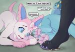 4_toes anthro ass_up big_butt black_body black_fur blue_body blue_eyes blue_fur bow_(feature) bow_ribbon butt butt_focus claws colored_nails curling_toes dialogue eeveelution english_text extreme_size_difference feet female fin foot_fetish foot_focus foot_rub fur generation_1_pokemon generation_2_pokemon generation_6_pokemon group hi_res hindpaw human kiwifizz looking_back lying male male/female mammal micro nails nintendo oblivious on_side pawpads paws pink_body pink_fur pink_nose pink_pawpads pokemon pokemon_(species) purple_nails rear_view simple_background size_difference soles speech_bubble stomped stomping sylveon tail teasing text toe_claws toes trio umbreon underfoot vaporeon worried