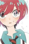  1boy 1girl amate_yuzuriha aqua_shirt commentary_request diagonal-striped_clothes diagonal-striped_necktie eye_reflection gundam gundam_gquuuuuux highres looking_at_viewer maya_(mayamayammy) necktie parted_lips red_hair reflection school_uniform shirt short_hair shuji_ito striped_clothes striped_necktie sweater tearing_up tears upper_body white_sweater 