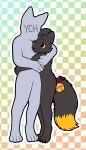 ailurus_the_panda ambiguous/ambiguous ambiguous_gender anthro bell bell_on_tail canid canine casualties:_unknown checkered checkered_background claws digitigrade dipstick_tail duo expie_(gunsawian) facial_tuft fluffy fluffy_tail gunsawian head_tuft hi_res hug jingles_(ailurus_the_panda) mammal markings one_eye_closed orange_tail_tip pattern_background silhouette simple_background spikes spikes_(anatomy) standing tail tail_markings tuft yellow_sclera
