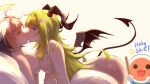  2girls ahoge angel_and_devil blue_eyes blush breast_press breasts brown_hair commentary completely_nude demon_horns demon_wings english_commentary green_hair h3p0 hair_ornament halo head_wings highres holding_hands horns interlocked_fingers kiss long_hair mocha_(osu!) multicolored_hair multiple_girls nude osu! pink_hair pippi_(osu!) simple_background star_(symbol) star_hair_ornament symmetrical_docking two-tone_hair white_background wings yuri 