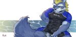 5_fingers anthro artist_name black_marks black_nose blonde_hair blue_body blue_fur canid canine canis claws clothing collar expressionless eyebrows fenrir_(tas) fingers fur grey_eyes hair hi_res kun_blackcat lifewonders long_hair looking_at_another male male_anthro mammal midriff multicolored_body multicolored_fur muscular muscular_anthro muscular_arms muscular_male mythological_canine mythological_creature mythology pawpads rope sea solo spiked_collar spikes swimwear tail_fluff text thick_eyebrows tokyo_afterschool_summoners water white_body white_eyebrows white_fur wolf