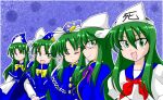  1990s_(style) 5girls :d akyuu's_untouched_score blue_background blue_capelet blue_dress blue_hat blue_sailor_collar bow bowtie buttons capelet closed_eyes commentary_request dress green_eyes green_hair hat highly_responsive_to_prayers holding holding_staff looking_at_viewer looking_to_the_side miera mima_(touhou) multiple_girls multiple_persona mystic_square neckerchief phantasmagoria_of_dim.dream purple_neckerchief red_neckerchief retro_artstyle sailor_collar school_uniform serafuku shirt sideways_glance smile staff star_(symbol) star_print story_of_eastern_wonderland sun_print touhou touhou_(pc-98) white_hat white_shirt wizard_hat yellow_bow yellow_bowtie 