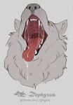 2024 anthro artist_name bodily_fluids canid canine canis digital_media_(artwork) drooling fur male mammal mouth_shot mythological_canine mythological_creature mythology open_mouth pink_tongue saliva saliva_on_tongue saliva_string sharp_teeth simple_background solo teeth text tongue url werecanid werecanine werecreature werewolf wolf yellow_eyes zephyxus