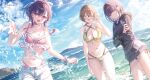  3girls :d absurdres ahoge ass_visible_through_thighs bare_shoulders beach bikini bikini_bottom_under_shorts bikini_under_clothes black_hair black_jacket blonde_hair blue_sky breasts brown_hair cleavage closed_eyes closed_mouth cloud cloudy_sky commentary_request criss-cross_halter crossed_arms day deruta_to_ganma_no_rigakubu_noto floral_print floral_print_bikini freckles glasses hair_between_eyes hair_ornament hair_ribbon hairclip halterneck highres hood hood_down hooded_jacket iwama_rio jacket jewelry kannabi_rei karato_rora large_breasts long_sleeves looking_at_viewer mountainous_horizon multi-strapped_bikini_bottom multiple_girls nail_polish navel necklace novel_illustration official_art open_mouth outdoors parallel_hairclips pink_bikini plaid_bikini plaid_clothes ponytail print_bikini purple_eyes purple_nails ribbon second-party_source short_hair short_shorts shorts side-tie_bikini_bottom sky smile splashing standing stomach summer swimsuit toosaka_asagi wading water white_ribbon white_shorts wristband zipper_pull_tab 