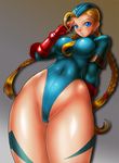  blonde_hair blue_eyes blue_leotard blush boken_fantasy braid cammy_white fingerless_gloves garrison_cap gloves hat leotard long_hair scar solo street_fighter twin_braids 