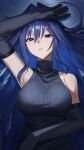  1girl bare_shoulders black_dress black_gloves blue_eyes blue_hair breasts commentary dress elbow_gloves gloves hair_between_eyes hair_intakes highres hololive hololive_english large_breasts long_hair looking_at_viewer lying on_back ouro_kronii parted_bangs parted_lips ravennvi sleeveless sleeveless_dress solo turtleneck turtleneck_dress untranslatable_commentary very_long_hair virtual_youtuber 