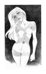 1girl arm_at_side breasts breasts_apart bruce_timm bruce_timm_(style) center_opening commentary cowboy_shot crop_top detached_collar elbow_gloves emma_frost english_commentary eyelashes finger_to_own_chin gloves greyscale hand_up head_tilt highres legs_together long_hair looking_up marvel medium_breasts monochrome parted_lips short_shorts shorts standing thigh_gap thighhighs third-party_source toon_(style) turtleneck x-men 