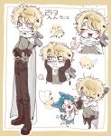  2boys absurdres animal_ears black_eyes blonde_hair boots capelet chibikemo chiikawa commentary_request crossed_arms furry hachiware_(chiikawa) highres holding holding_sword holding_weapon humanization korean_commentary korean_text male_focus multiple_boys multiple_views otter_boy otter_ears rakko_(chiikawa) salted_slug12 short_hair sword sword_on_back translated weapon weapon_on_back white_background white_capelet 