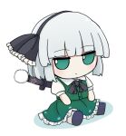  1girl azuma_meri black_bow black_bowtie black_hairband bow bowtie closed_mouth collared_shirt commentary_request expressionless full_body fumo_(doll) green_eyes green_skirt green_vest grey_hair hairband katana konpaku_youmu looking_at_viewer sheath sheathed shirt simple_background sitting skirt skirt_set solo sword sword_on_back touhou vest weapon weapon_on_back white_shirt 
