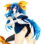  ayakichi bad_id bad_pixiv_id bare_shoulders blue_hair bow breasts detached_sleeves dizzy guilty_gear hair_bow large_breasts long_hair looking_back navel no_panties red_eyes simple_background solo tail underboob 