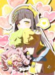  2girls absurdres aozora_himari belt black_hair blue_belt bow_hairband cheerleader chibi closed_mouth clover_hair_ornament commentary_request crop_top hair_ornament hairband heart highres himitsu_no_aipri holding holding_pom_poms long_hair looking_at_viewer midriff multiple_girls navel pink_hair pink_hairband pink_shirt pink_skirt pom_pom_(cheerleading) pretty_series shirt skirt smile speech_bubble spoken_heart suzukaze_tsumugi symbol-shaped_pupils triangle-shaped_pupils very_long_hair xalice yellow_eyes yellow_hairband yellow_shirt yellow_skirt 