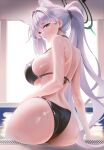  1girl absurdres animal_ears ass bare_arms bare_shoulders bikini black_bikini blue_archive blue_eyes breasts commentary extra_ears from_behind hair_between_eyes hair_ornament hair_scrunchie halo halterneck highres kuma_mudi large_breasts long_hair looking_at_viewer looking_back median_furrow parted_lips ponytail poolside scrunchie shiroko_terror_(blue_archive) sideboob sitting solo strap_gap string_bikini swimsuit untranslatable_commentary very_long_hair wet white_hair wolf_ears 