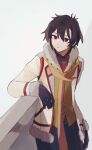  1boy :/ arm_rest bakara_(19083210) black_gloves black_hair black_pants closed_mouth commentary_request cowboy_shot fur-trimmed_jacket fur-trimmed_sleeves fur_trim gloves grey_background hair_between_eyes jacket keith_kisaragi long_sleeves male_focus open_clothes open_jacket orange_scarf pants partial_commentary red_eyes rose_guns_days scarf shirt short_hair simple_background solo white_jacket yellow_shirt 