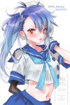  1girl aged_up alternate_hair_length_(longer) arm_warmers blue_hair blue_sailor_collar blue_skirt brown_eyes commentary_request dated_commentary fukae_(kancolle) gloves hat highres kantai_collection midriff mot_zenzai navel one-hour_drawing_challenge pleated_skirt sailor_collar sailor_hat sailor_shirt school_uniform serafuku shirt side_ponytail simple_background single_arm_warmer skirt solo twitter_username upper_body white_background white_gloves white_hat white_shirt 