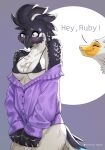 2026 alcid anthro arm_tuft avian beak bird black_body black_feathers blue_eyes blush bodily_fluids bra breasts chest_tuft clothing collarbone dialogue dinosaur dromaeosaurid duo eyebrows eyelashes feathers female hi_res lari little_auk male prehistoric_species purple_eyes reptile ruby_(redrose357) saurischian scalie shoulder_tuft smile sweat sweatdrop theropod tuft underwear white_body white_feathers yasmil yskra