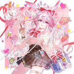  1girl alternate_costume animal_ears averting_eyes black_skirt bow bowtie chain choker collared_shirt commentary cup disposable_cup drinking_straw evanescia_(honkai:_star_rail) flower food fox fox_ears fox_girl hair_between_eyes hair_flower hair_ornament hairclip hands_up heart highres holding holding_cup honkai:_star_rail honkai_(series) long_sleeves olivier42118278 open_mouth pink_choker pink_hair red_bow red_bowtie sample_watermark school_uniform shirt short_hair_with_long_locks skirt smile solo sweater untranslatable_commentary watermark white_shirt wing_collar 