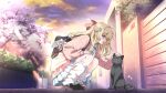  1girl :d ahoge bag bag_charm black_cat blonde_hair blue_bow blue_eyes blue_skirt bow brown_shoes cardigan cat charm_(object) cherry_blossoms cloud collared_shirt commentary evening from_side fujisaki_hikari gyaru hair_bow hair_ornament hand_on_own_knee highres house indie_virtual_youtuber kneehighs loafers long_sleeves loose_socks orange_sky otohana_yuuri outdoors petting pink_bow pink_cardigan pleated_skirt road school_bag school_uniform second-party_source shirt shoes skirt sky smile socks solo squatting street tree virtual_youtuber white_shirt x_hair_ornament 