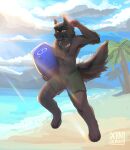 absurd_res anthro beach beachwear black_body black_fur bodyboard canid canine canis clothing cloud coconut_tree fruit_tree fur hi_res in_the_air jumping looking_at_viwer male mammal palm_tree plant pouf_(character) raised_arm sea solo surfboard tail tree water wolf xingiro