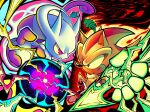  1boy 1other absurdres animal_ears animal_nose battle body_fur chaos_spear chest_fur colored_skin commentary death_battle energy_ball furry furry_male gloves head_tail hedgehog_boy highres laughingxenn mega_mewtwo_y mega_pokemon mewtwo pokemon pokemon_(creature) purple_eyes purple_skin red_eyes red_fur shadow_the_hedgehog sonic_(series) super_shadow two-tone_fur white_gloves yellow_fur 