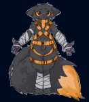 ambiguous_gender anthro bandage bandaged_arm bandaged_leg belly_tuft big_tail blush canid canine casualties:_unknown digitigrade dipstick_tail expie_(gunsawian) facial_tuft fluffy fluffy_tail gunsawian harness harness_ring mammal markings ohnomename orange_sclera orange_tail_tip pawpads pink_pawpads simple_background solo spikes spikes_(anatomy) standing tail tail_markings tuft