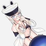  1girl animal_ears ball bikini breasts cleavage commentary_request dated_commentary glasses grey_eyes grey_hair hat heywood_l._edwards_(kancolle) heywood_l._edwards_(swimsuit)_(kancolle) highres jacket kantai_collection lacecats large_breasts long_hair looking_at_viewer multicolored_bikini navel one-hour_drawing_challenge peaked_cap simple_background solo swimsuit two-tone_bikini white_hat white_jacket 