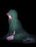  1girl aoi_tete black_background cloak closed_mouth commentary_request covered_eyes crying full_body green_cloak highres hood hood_up hooded_cloak karin_(precure) long_hair meitantei_precure! pink_hair precure simple_background sitting solo 