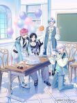  4boys :d anniversary arm_behind_head balloon black_choker black_shirt blue_coat blue_eyes blue_hair blue_jacket blue_pants blue_socks book bookshelf cake cellphone chair chalkboard choker coat collared_shirt commentary company_name copyright_notice day food fork glasses green_eyes hair_over_one_eye hanakago_tsubasa holding holding_fork holding_phone indoors jacket jpeg_artifacts kneeling long_sleeves looking_at_viewer male_focus medium_hair multiple_boys nijisanji notebook one_eye_covered open_mouth panties pants phone pink_hair purple_eyes purple_hair purple_sweater shinomiya_yuno shirose_isumi shirt shoes short_hair sitting sleeveless sleeveless_coat smartphone smile socks splare_(nijisanji) standing sumeragi_reo sweater table taking_picture turtleneck turtleneck_shirt underwear virtual_youtuber white_hair white_jacket white_panties white_shirt white_shoes window yuuichi_(bobobo) 