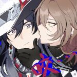  1boy 1girl ashveil_(honkai:_star_rail) biting biting_head black_gloves black_hair black_sweater brown_hair commentary_request cowboy_hat diamond-shaped_pupils diamond_(shape) earrings gloves green_eyes hand_on_another's_head hat highres holding honkai:_star_rail honkai_(series) jewelry kuchiba_(honkai:_star_rail) long_hair medium_hair mole mole_under_eye mooniedrabbit multicolored_eyes necklace sweater symbol-shaped_pupils white_hat yellow_eyes 