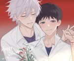  2boys black_hair blue_eyes blue_shirt closed_eyes closed_mouth commentary_request dress_shirt eyelashes happy_valentine ikari_shinji looking_at_viewer male_focus multiple_boys nagisa_kaworu neon_genesis_evangelion parted_lips purple_shirt red_background sanjiaoo school_uniform shirt short_hair simple_background t-shirt teeth tokyo-3_middle_school_uniform undershirt white_hair white_shirt yaoi 