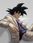  1boy artist_name black_eyes black_hair black_vest buttons closed_mouth collared_shirt dragon_ball from_side grey_background highres jacket long_sleeves male_focus necktie open_clothes open_jacket pants profile purple_necktie shirt simple_background sitting smile solo son_goku spiked_hair suit sydoria vest white_shirt 