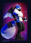 3_fingers 3_toes accessory anthro bag bedroom_eyes belly blue_body blue_fur bondage_gear clothed clothing countershading digitigrade dragon feet fingerless_gloves fingers fluffy fluffy_tail fur furgonomics furred_dragon furred_scalie gloves hand_on_hip handwear harness head_markings hi_res horn key latex latex_clothing latex_gloves latex_handwear latex_harness latex_legwear latex_thigh_highs legwear looking_at_viewer male markings membrane_(anatomy) membranous_wings midriff mika_(mikapoofs) mikapoofs motion_lines multi_ear multicolored_body multicolored_fur muzzle_(object) muzzled mythological_creature mythological_scalie mythology narrowed_eyes navel neck_tuft outline pawpads pointy_ears pose scalie seductive simple_background slim snapping_fingers solo standing striped_markings stripes tail tail_accessory tail_bag tail_fluff tail_tuft tapering_tail thick_tail thigh_highs toes topless tuft two_tone_body two_tone_fur two_tone_tail two_tone_wings white_belly white_body white_fur white_horn white_wings wide_hips wings wings_tied yellow_eyes yellow_markings yellow_pawpads yellow_stripes