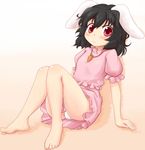  animal_ears arm_support barefoot black_hair bunny_ears carrot feet inaba_tewi mokuyou panties red_eyes short_hair smile solo touhou underwear 