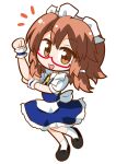  1girl :d alternate_costume apron arm_up black_shoes blue_dress brooch brown_eyes brown_hair collared_shirt commentary_request deformed dress enmaided frilled_dress frilled_wrist_cuffs frills glasses hair_tie highres jewelry kajiya_no_masa long_hair looking_at_viewer maid maid_headdress no_nose notice_lines one-hour_drawing_challenge open_mouth puffy_short_sleeves puffy_sleeves red-framed_eyewear semi-rimless_eyewear shirt shoes short_sleeves simple_background smile socks solo standing standing_on_one_leg touhou under-rim_eyewear usami_sumireko waist_apron white_apron white_background white_shirt white_socks wrist_cuffs 
