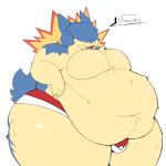 2026 absurd_res anthro belly belly_tuft big_belly big_butt bottomwear butt bwomp chest_tuft chilli_(krazymite) claws clothed clothing dialogue english_text fat_rolls fire fluffy fluffy_tail fur generation_2_pokemon guooo123456 hair hair_over_eye hi_res hip_tuft huge_belly huge_butt huge_hips huge_thighs looking_down male mammal moobs multicolored_body multicolored_fur navel nintendo obese obese_male open_mouth overweight overweight_anthro overweight_male paws pivoted_ears pokeball_print pokemon pokemon_(species) raised_arm simple_background solo tail tail_tuft text thick_thighs topless tuft tufted_fur typhlosion underwear white_background wide_hipped_anthro wide_hipped_male wide_hips