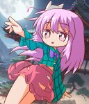  1girl architecture arm_up bow bowtie breasts bright_pupils bubble_skirt colored_eyelashes commentary_request deformed dutch_angle east_asian_architecture expressionless fox_mask full_moon green_shirt hair_between_eyes hata_no_kokoro highres kajiya_no_masa long_hair long_sleeves looking_at_viewer mask mask_on_head midriff moon night no_nose one-hour_drawing_challenge outdoors panties parted_lips pink_eyes pink_hair pink_skirt plaid_clothes plaid_shirt purple_bow purple_bowtie shirt skirt skirt_cutout small_breasts solo touhou underwear very_long_hair white_panties white_pupils wide_sleeves 