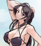  1girl armpits bad_source bikini bikini_top_only black_bikini black_hair breasts chaos;child cleavage jonyeld kunosato_mio large_breasts long_hair looking_at_viewer portrait purple_eyes science_adventure solo swimsuit upper_body very_long_hair 