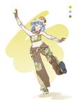  1girl absurdres animal_on_head aqua-tinted_eyewear arm_warmers baggy_pants baichuan00088 bare_shoulders beaver belt belt_buckle blue_hair brown_gloves brown_pants buckle checkered_clothes checkered_tube_top chinese_commentary closed_eyes colored_extremities commentary_request crossed_belts dangle_earrings earrings floral_print full_body gloves goggles goggles_around_neck green-framed_eyewear green_belt green_shoes green_tube_top hair_ornament hairclip happy hat head_tilt heart highres infinity_nikki jewelry kicking layered_pants medium_hair midriff multicolored_shoes navel nikki_(series) on_head open_mouth outline outstretched_arms outstretched_leg pants pocket print_arm_warmers purple-tinted_eyewear riverside_sunshine_(infinity_nikki) shadow shoes smile sneakers solo sphere_earrings standing sticker strapless teeth tinted_eyewear tube_top two-tone-tinted_eyewear two-tone_shoes two_side_up upper_teeth_only white_background white_hat white_outline white_shoes yellow_arm_warmers 