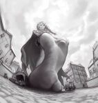  1girl barefoot barusuthegoat braid building cape cart commentary english_commentary feet fisheye foot_focus from_below giant giantess highres looking_at_viewer meili_portroute monochrome outdoors people perspective re:zero_kara_hajimeru_isekai_seikatsu sky smile standing town worm's_eye_view 