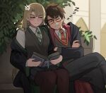  1boy 1girl anger_vein black_pantyhose black_skirt blonde_hair blush book breasts brown_hair closed_eyes commentary crossed_arms crossed_legs diagonal-striped_clothes diagonal-striped_necktie earrings genderswap genderswap_(mtf) glasses harry_potter harry_potter_(series) highres holding holding_book jewelry jourd4n long_hair malfoid necktie nose_bubble off_shoulder pantyhose pleated_skirt robe scar scar_on_face scar_on_forehead sitting skirt sleeping striped_clothes striped_necktie sweatdrop untranslatable_commentary vest wizarding_world zzz 