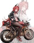  1girl absurdres air_jordan biker_clothes black_jacket black_pantyhose black_shorts blance blush breasts cleavage commentary crop_top goddess_of_victory:_nikke hair_between_eyes helmet highres holding holding_unworn_helmet horns jacket large_breasts leather leather_jacket long_hair looking_at_viewer mechanical_horns midriff motor_vehicle motorcycle motorcycle_helmet navel nike_(company) on_motorcycle open_mouth pantyhose pantyhose_under_shorts red_hair red_hood_(nikke) shoes shorts smile sneakers unworn_headwear unworn_helmet very_long_hair yellow_eyes zoom_layer 
