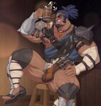  1boy alcohol armpit_hair bara beer beer_mug buccar_(fire_emblem) commentary cup dark-skinned_male dark_penis dark_skin english_commentary erection facial_hair fire_emblem fire_emblem:_fortune's_weave goatee highres holding holding_cup indoors large_pectorals large_penis long_sideburns male_focus mug muscular muscular_arms muscular_male nipples o-ring open_mouth pectorals penis quuynart sideburns sitting solo testicles textless_version thick_thighs thighs variant_set veins 