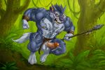 absurd_res angry animal_jam anthro blue_body blue_fur bodily_fluids bottomwear bottomwear_aside canid canine canis clothing clothing_aside cum cum_drip dripping erection forest fur furryrevolution genital_fluids genitals greely hi_res jungle loincloth loincloth_aside male mammal markings melee_weapon muscular muscular_anthro muscular_male penis plant solo teeth tree tribal tribal_markings weapon wildworks wolf