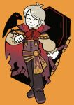  1boy billspooks bird black_cape bow bowtie button_nose cape closed_eyes closed_mouth coffin colored_skin crow fire_emblem fire_emblem_awakening fire_emblem_heroes grey_hair halloween henry_(animal_crossing) henry_(fire_emblem) henry_(happy_vampire)_(fire_emblem) high_collar highres male_focus official_alternate_costume orange_background puffy_sleeves purple_sash red_bow red_bowtie sash simple_background solo star_(symbol) toon_(style) torn_cape torn_clothes vampire_costume vest waistcoat white_skin 