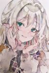  1girl absurdres blonde_hair brown_shirt commentary_request green_eyes highres kamu_kotan long_sleeves looking_at_viewer medium_hair mizuhashi_parsee open_mouth pointy_ears shirt smile solo touhou traditional_media upper_body 