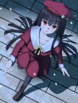  1girl \||/ alternate_costume alternate_hairstyle beret black_pantyhose blunt_bangs blunt_ends boots bow brown_boots capelet chest_bow collarbone colored_eyelashes commentary dress dutch_angle eyelashes floating_hair from_above full_body hair_down hand_up haoge_china hat hat_bow highres hime_cut lace-up_boots leg_up long_hair long_sleeves looking_at_viewer masamune_shizuru noble_works outdoors pantyhose red_capelet red_dress red_eyes red_hat shadow sidelighting snowing solo very_long_hair walking white_bow winter winter_clothes yellow_bow 