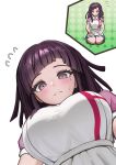  1girl absurdres apron bandaged_arm bandaged_leg bandages bandaid bandaid_on_knee bandaid_on_leg blue_skirt blush breasts closed_mouth commentary danganronpa_(series) danganronpa_2:_goodbye_despair dutch_angle flying_sweatdrops from_below full_body green_background highres lap_pillow_invitation lap_pov large_breasts long_hair looking_at_viewer looking_down mole mole_under_eye multiple_views pink_shirt pov purple_eyes purple_hair sasatake012345 seiza shirt short_sleeves simple_background sitting skirt sweatdrop tsumiki_mikan upper_body wariza white_apron white_background 